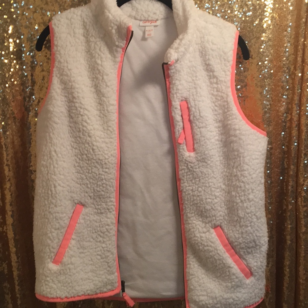 Cat and Jack Fuzzy White Vest with Hot Pink Piping
